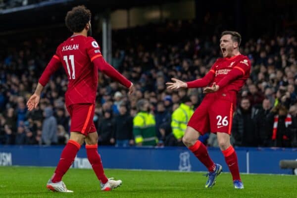 LIVERPOOL, ENGLAND - Wednesday, December 1, 2021: Liverpool's Mohamed Salah celebrates after scoring the third goal during the FA Premier League match between Everton FC and Liverpool FC, the 239th Merseyside Derby, at Goodison Park. (Pic by David Rawcliffe/Propaganda)