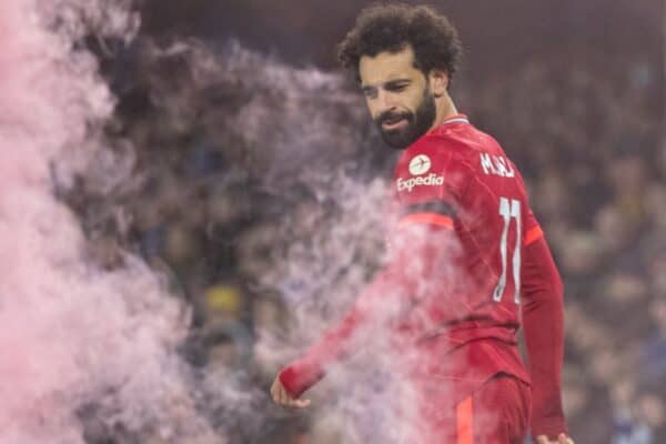 LIVERPOOL, ENGLAND - Wednesday, December 1, 2021: Liverpool's Mohamed Salah celebrates after scoring the third goal during the FA Premier League match between Everton FC and Liverpool FC, the 239th Merseyside Derby, at Goodison Park. (Pic by David Rawcliffe/Propaganda)