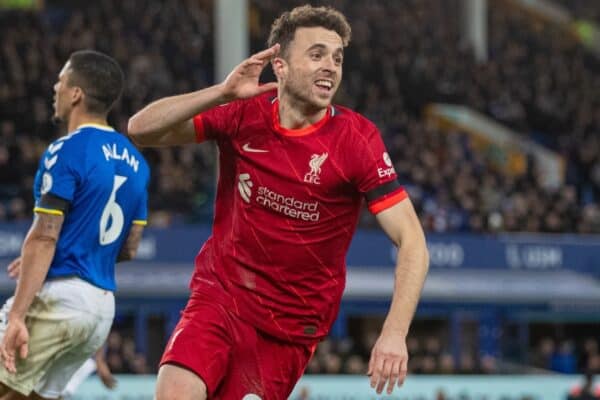 LIVERPOOL, ENGLAND - Wednesday, December 1, 2021: Liverpool's Diogo Jota celebrates after scoring the fourth goal during the FA Premier League match between Everton FC and Liverpool FC, the 239th Merseyside Derby, at Goodison Park. (Pic by David Rawcliffe/Propaganda)