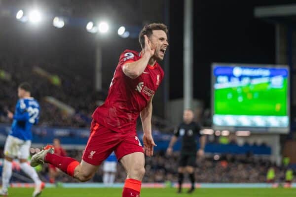 LIVERPOOL, ENGLAND - Wednesday, December 1, 2021: Liverpool's Diogo Jota celebrates after scoring the fourth goal during the FA Premier League match between Everton FC and Liverpool FC, the 239th Merseyside Derby, at Goodison Park. (Pic by David Rawcliffe/Propaganda)