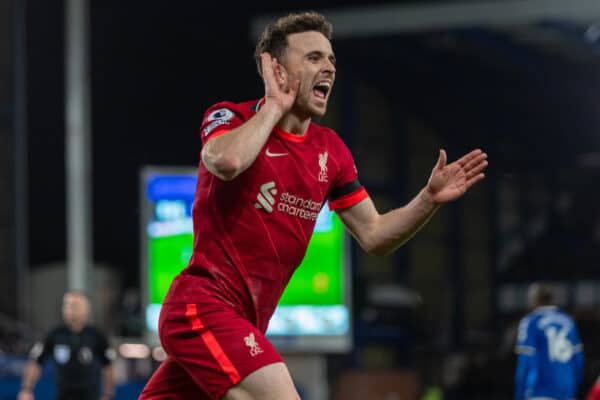 LIVERPOOL, ENGLAND - Wednesday, December 1, 2021: Liverpool's Diogo Jota celebrates after scoring the fourth goal during the FA Premier League match between Everton FC and Liverpool FC, the 239th Merseyside Derby, at Goodison Park. (Pic by David Rawcliffe/Propaganda)