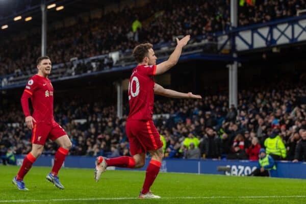 LIVERPOOL, ENGLAND - Wednesday, December 1, 2021: Liverpool's Diogo Jota celebrates after scoring the fourth goal during the FA Premier League match between Everton FC and Liverpool FC, the 239th Merseyside Derby, at Goodison Park. (Pic by David Rawcliffe/Propaganda)