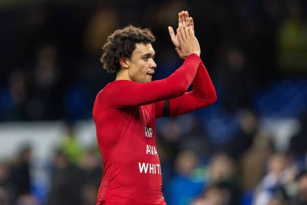 LIVERPOOL, ENGLAND - Wednesday, December 1, 2021: Liverpool's Trent Alexander-Arnold, wearing a t-shiort with "RIP Ava White" after the FA Premier League match between Everton FC and Liverpool FC, the 239th Merseyside Derby, at Goodison Park. (Pic by David Rawcliffe/Propaganda)