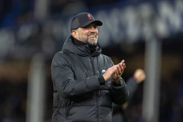 LIVERPOOL, ENGLAND - Wednesday, December 1, 2021: Liverpool's manager Jürgen Klopp celebrates after the FA Premier League match between Everton FC and Liverpool FC, the 239th Merseyside Derby, at Goodison Park. Liverpool won 4-1. (Pic by David Rawcliffe/Propaganda)