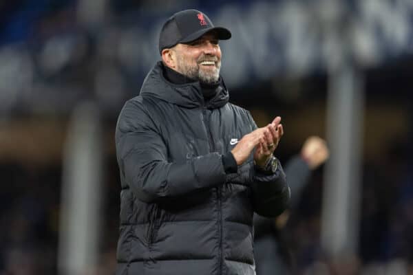 LIVERPOOL, ENGLAND - Wednesday, December 1, 2021: Liverpool's manager Jürgen Klopp celebrates after the FA Premier League match between Everton FC and Liverpool FC, the 239th Merseyside Derby, at Goodison Park. Liverpool won 4-1. (Pic by David Rawcliffe/Propaganda)