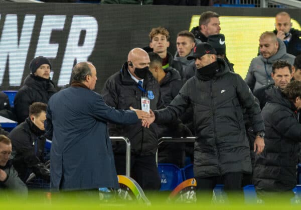 LIVERPOOL, ENGLAND - Wednesday, December 1, 2021: Liverpool's manager Jürgen Klopp (R) shakes hands with Everton's manager Rafael Benítez (L) after the FA Premier League match between Everton FC and Liverpool FC, the 239th Merseyside Derby, at Goodison Park. Liverpool won 4-1. (Pic by David Rawcliffe/Propaganda)