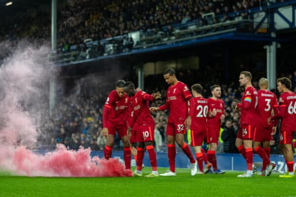 LIVERPOOL, ENGLAND - Wednesday, December 1, 2021: Liverpool players look at a smoke bomb as Mohamed Salah celebrates after scoring the third goal during the FA Premier League match between Everton FC and Liverpool FC, the 239th Merseyside Derby, at Goodison Park. (Pic by David Rawcliffe/Propaganda)