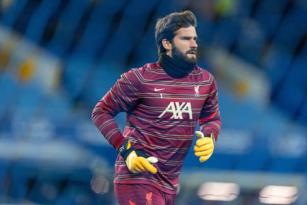 LIVERPOOL, ENGLAND - Wednesday, December 1, 2021: Liverpool's goalkeeper Alisson Becker during the pre-match warm-up before the FA Premier League match between Everton FC and Liverpool FC, the 239th Merseyside Derby, at Goodison Park. (Pic by David Rawcliffe/Propaganda)