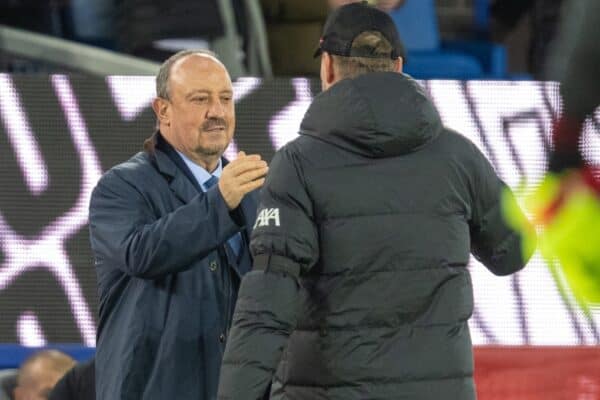 LIVERPOOL, ENGLAND - Wednesday, December 1, 2021: Everton's manager Rafael Benítez greets Liverpool's manager Jürgen Klopp' during the FA Premier League match between Everton FC and Liverpool FC, the 239th Merseyside Derby, at Goodison Park. (Pic by David Rawcliffe/Propaganda)