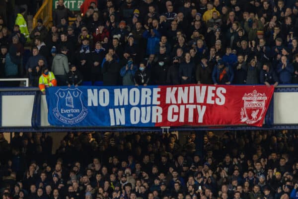 LIVERPOOL, ENGLAND - Wednesday, December 1, 2021: No more knives banner during the FA Premier League match between Everton FC and Liverpool FC, the 239th Merseyside Derby, at Goodison Park. (Pic by David Rawcliffe/Propaganda)