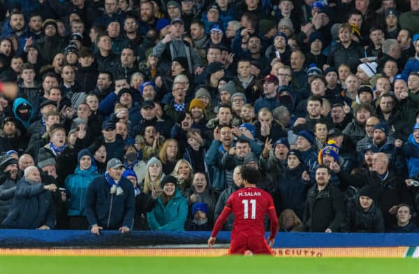 LIVERPOOL, ENGLAND - Wednesday, December 1, 2021: Everton supporters react to Liverpool's Mohamed Salah missing a chance during the FA Premier League match between Everton FC and Liverpool FC, the 239th Merseyside Derby, at Goodison Park. (Pic by David Rawcliffe/Propaganda)