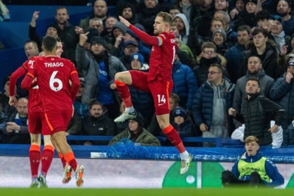 LIVERPOOL, ENGLAND - Wednesday, December 1, 2021: Liverpool's captain Jordan Henderson celebrates after scoring the first goal during the FA Premier League match between Everton FC and Liverpool FC, the 239th Merseyside Derby, at Goodison Park. (Pic by David Rawcliffe/Propaganda)