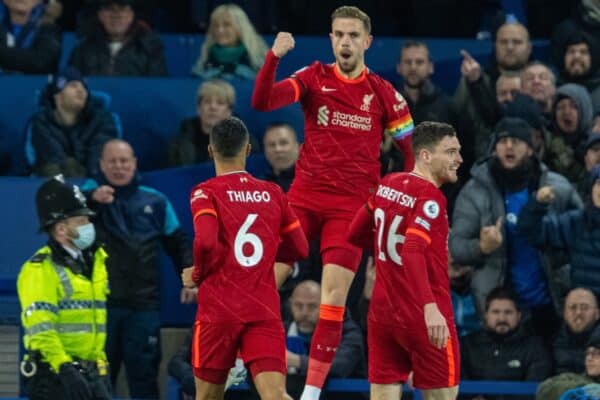 LIVERPOOL, ENGLAND - Wednesday, December 1, 2021: Liverpool's captain Jordan Henderson celebrates after scoring the first goal during the FA Premier League match between Everton FC and Liverpool FC, the 239th Merseyside Derby, at Goodison Park. (Pic by David Rawcliffe/Propaganda)