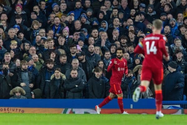 LIVERPOOL, ENGLAND - Wednesday, December 1, 2021: Liverpool's Mohamed Salah celebrates after scoring the second goal during the FA Premier League match between Everton FC and Liverpool FC, the 239th Merseyside Derby, at Goodison Park. (Pic by David Rawcliffe/Propaganda)