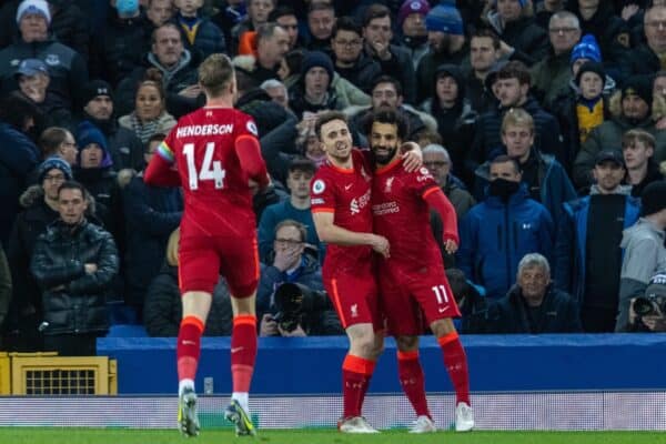 LIVERPOOL, ENGLAND - Wednesday, December 1, 2021: Liverpool's Mohamed Salah (R) celebrates with team-mate Diogo Jota after scoring the second goal during the FA Premier League match between Everton FC and Liverpool FC, the 239th Merseyside Derby, at Goodison Park. (Pic by David Rawcliffe/Propaganda)