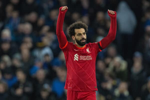 LIVERPOOL, ENGLAND - Wednesday, December 1, 2021: Liverpool's Mohamed Salah celebrates after scoring the second goal during the FA Premier League match between Everton FC and Liverpool FC, the 239th Merseyside Derby, at Goodison Park. (Pic by David Rawcliffe/Propaganda)