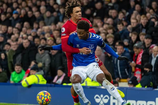 LIVERPOOL, ENGLAND - Wednesday, December 1, 2021: Everton's Demarai Gray (R) and Liverpool's Trent Alexander-Arnold during the FA Premier League match between Everton FC and Liverpool FC, the 239th Merseyside Derby, at Goodison Park. (Pic by David Rawcliffe/Propaganda)