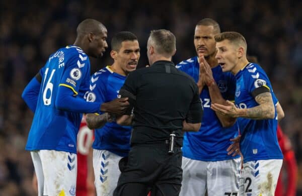 LIVERPOOL, ENGLAND - Wednesday, December 1, 2021: Everton's Abdoulaye Doucouré, Allan Marques Loureiro, Salomón Rondón and Lucas Digne surround referee Paul Tierney during the FA Premier League match between Everton FC and Liverpool FC, the 239th Merseyside Derby, at Goodison Park. (Pic by David Rawcliffe/Propaganda)