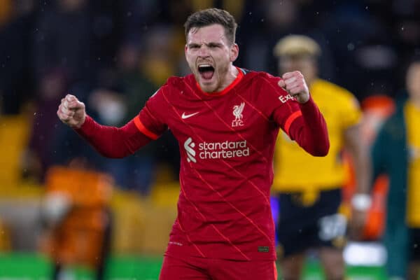 WOLVERHAMPTON, ENGLAND - Saturday, December 4, 2021: Liverpool's Andy Robertson celebrates after the FA Premier League match between Wolverhampton Wanderers FC and Liverpool FC at Molineux Stadium. Liverpool won 1-0. (Pic by David Rawcliffe/Propaganda)