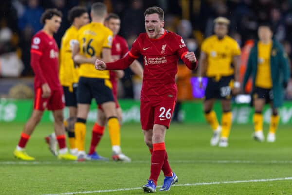 WOLVERHAMPTON, ENGLAND - Saturday, December 4, 2021: Liverpool's Andy Robertson celebrates after the FA Premier League match between Wolverhampton Wanderers FC and Liverpool FC at Molineux Stadium. Liverpool won 1-0. (Pic by David Rawcliffe/Propaganda)