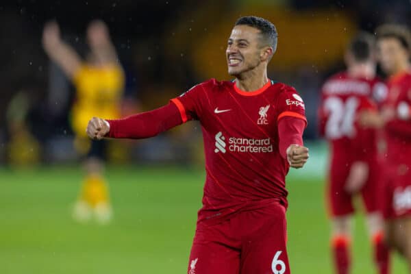 WOLVERHAMPTON, ENGLAND - Saturday, December 4, 2021: Liverpool's Thiago Alcantara celebrates after the FA Premier League match between Wolverhampton Wanderers FC and Liverpool FC at Molineux Stadium. Liverpool won 1-0. (Pic by David Rawcliffe/Propaganda)