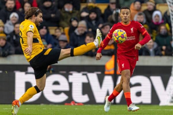 WOLVERHAMPTON, ENGLAND - Saturday, December 4, 2021: Liverpool's Thiago Alcantara' (R) and Wolverhampton Wanderers' Rúben Neves during the FA Premier League match between Wolverhampton Wanderers FC and Liverpool FC at Molineux Stadium. (Pic by David Rawcliffe/Propaganda)