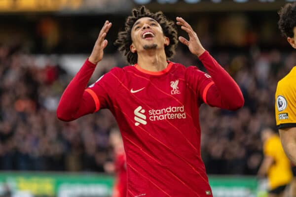 WOLVERHAMPTON, ENGLAND - Saturday, December 4, 2021: Liverpool's Trent Alexander-Arnold looks dejected after missing a chance during the FA Premier League match between Wolverhampton Wanderers FC and Liverpool FC at Molineux Stadium. (Pic by David Rawcliffe/Propaganda)