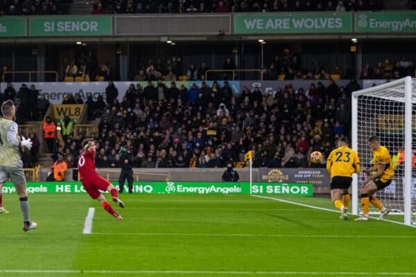 WOLVERHAMPTON, ENGLAND - Saturday, December 4, 2021: Wolverhampton Wanderers' captain Conor Coady clears the ball off the line from a shot by Liverpool's Diogo Jota during the FA Premier League match between Wolverhampton Wanderers FC and Liverpool FC at Molineux Stadium. (Pic by David Rawcliffe/Propaganda)
