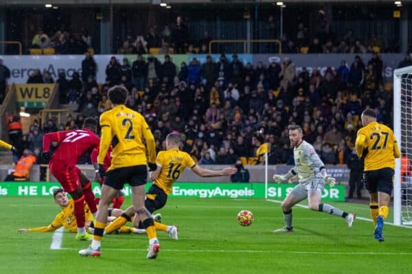 WOLVERHAMPTON, ENGLAND - Saturday, December 4, 2021: Liverpool's Divock Origi scores an injury tinme winning goal during the FA Premier League match between Wolverhampton Wanderers FC and Liverpool FC at Molineux Stadium. Liverpool won 1-0. (Pic by David Rawcliffe/Propaganda)