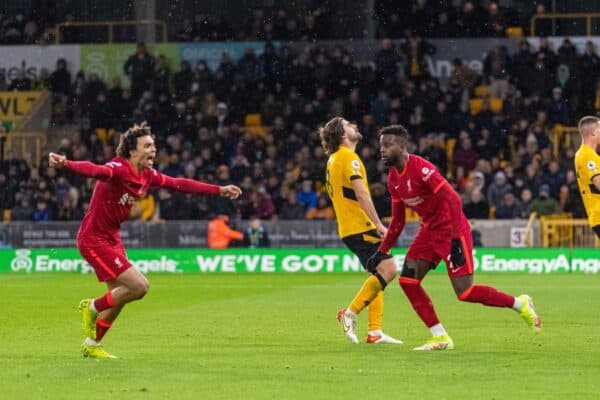 WOLVERHAMPTON, ENGLAND - Saturday, December 4, 2021: Liverpool's Divock Origi celebrates after scoring an injury tinme winning goal during the FA Premier League match between Wolverhampton Wanderers FC and Liverpool FC at Molineux Stadium. Liverpool won 1-0. (Pic by David Rawcliffe/Propaganda)