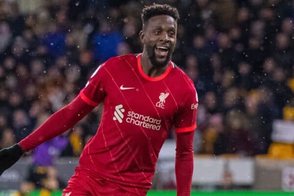 WOLVERHAMPTON, ENGLAND - Saturday, December 4, 2021: Liverpool's Divock Origi celebrates after scoring an injury tinme winning goal during the FA Premier League match between Wolverhampton Wanderers FC and Liverpool FC at Molineux Stadium. Liverpool won 1-0. (Pic by David Rawcliffe/Propaganda)