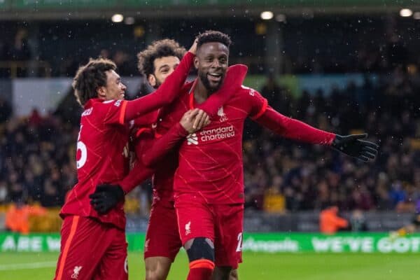 WOLVERHAMPTON, ENGLAND - Saturday, December 4, 2021: Liverpool's Divock Origi celebrates after scoring an injury tinme winning goal during the FA Premier League match between Wolverhampton Wanderers FC and Liverpool FC at Molineux Stadium. Liverpool won 1-0. (Pic by David Rawcliffe/Propaganda)