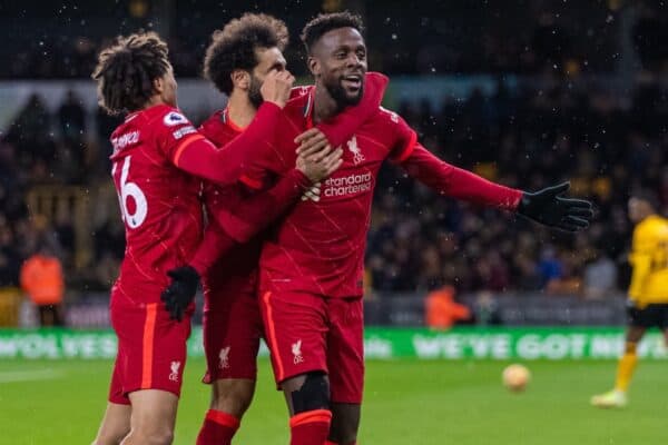 WOLVERHAMPTON, ENGLAND - Saturday, December 4, 2021: Liverpool's Divock Origi celebrates after scoring an injury tinme winning goal during the FA Premier League match between Wolverhampton Wanderers FC and Liverpool FC at Molineux Stadium. Liverpool won 1-0. (Pic by David Rawcliffe/Propaganda)