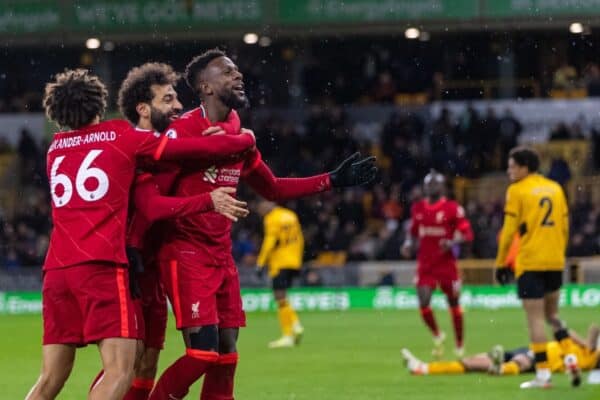 WOLVERHAMPTON, ENGLAND - Saturday, December 4, 2021: Liverpool's Divock Origi celebrates after scoring an injury tinme winning goal during the FA Premier League match between Wolverhampton Wanderers FC and Liverpool FC at Molineux Stadium. Liverpool won 1-0. (Pic by David Rawcliffe/Propaganda)