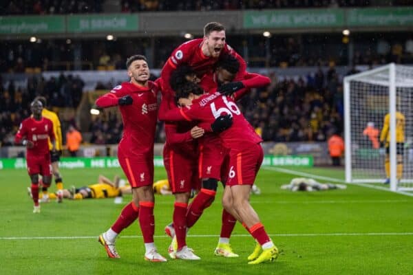 WOLVERHAMPTON, ENGLAND - Saturday, December 4, 2021: Liverpool's Divock Origi celebrates after scoring an injury tinme winning goal during the FA Premier League match between Wolverhampton Wanderers FC and Liverpool FC at Molineux Stadium. Liverpool won 1-0. (Pic by David Rawcliffe/Propaganda)