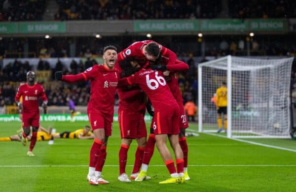 WOLVERHAMPTON, ENGLAND - Saturday, December 4, 2021: Liverpool's Divock Origi celebrates after scoring an injury tinme winning goal during the FA Premier League match between Wolverhampton Wanderers FC and Liverpool FC at Molineux Stadium. Liverpool won 1-0. (Pic by David Rawcliffe/Propaganda)