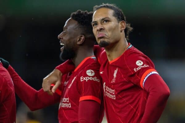 WOLVERHAMPTON, ENGLAND - Saturday, December 4, 2021: Liverpool's Virgil van Dijk (R) celebrates with goal-scorer Divock Origi after an injury tinme winning goal during the FA Premier League match between Wolverhampton Wanderers FC and Liverpool FC at Molineux Stadium. Liverpool won 1-0. (Pic by David Rawcliffe/Propaganda)