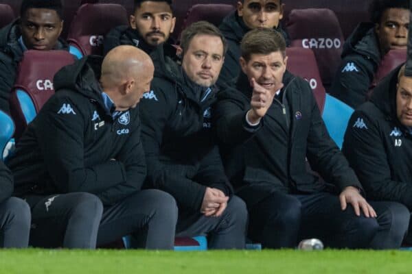 BIRMINGHAM, ENGLAND - Sunday, December 5, 2021: Aston Villa's manager Steven Gerrard (R) with assistant head coaches Michael Beale (C) and Gary McAllister (R) during the FA Premier League match between Aston Villa FC and Leicester City FC at Villa Park. (Pic by David Rawcliffe/Propaganda)