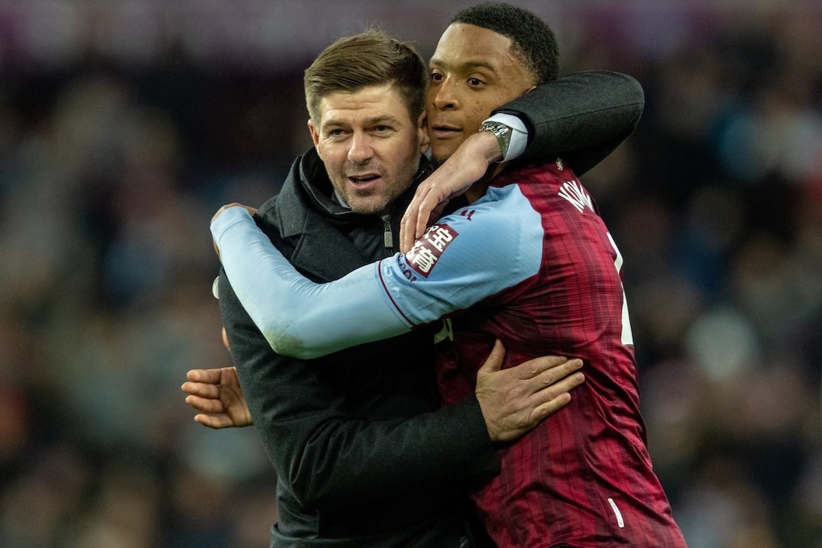 BIRMINGHAM, ENGLAND - Sunday, December 5, 2021: Aston Villa's manager Steven Gerrard (L) celebrates with double goal-scorer Ezri Konsa after the FA Premier League match between Aston Villa FC and Leicester City FC at Villa Park. Aston Villa won 2-1. (Pic by David Rawcliffe/Propaganda)