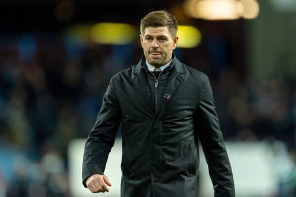 BIRMINGHAM, ENGLAND - Sunday, December 5, 2021: Aston Villa's manager Steven Gerrard (R) speaks with Matty Cash after the FA Premier League match between Aston Villa FC and Leicester City FC at Villa Park. Aston Villa won 2-1. (Pic by David Rawcliffe/Propaganda)