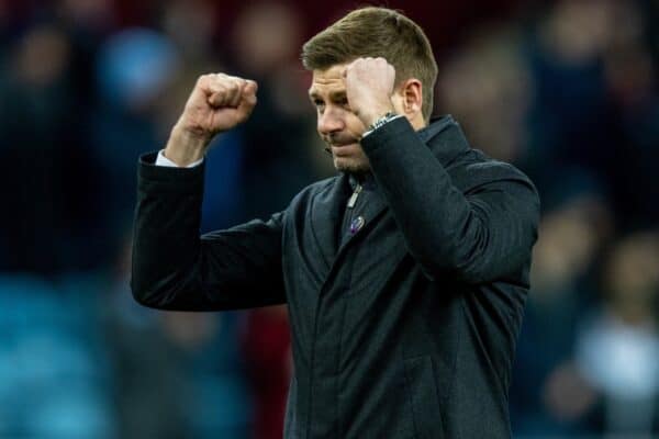 BIRMINGHAM, ENGLAND - Sunday, December 5, 2021: Aston Villa's manager Steven Gerrard celebrates after the FA Premier League match between Aston Villa FC and Leicester City FC at Villa Park. Aston Villa won 2-1. (Pic by David Rawcliffe/Propaganda)