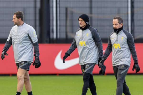 LIVERPOOL, ENGLAND - Monday, December 6, 2021: Liverpool's goalkeeping coaches John Achterberg, Claudio Taffarel and John Robertson during a training session at the AXA Training Centre ahead of the UEFA Champions League Group B Matchday 6 game between AC Milan and Liverpool FC. (Pic by David Rawcliffe/Propaganda)