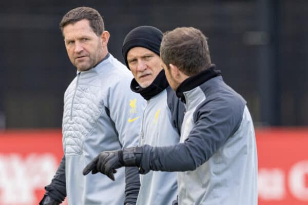 LIVERPOOL, ENGLAND - Monday, December 6, 2021: Liverpool's goalkeeping coaches John Achterberg, Claudio Taffarel and John Robertson during a training session at the AXA Training Centre ahead of the UEFA Champions League Group B Matchday 6 game between AC Milan and Liverpool FC. (Pic by David Rawcliffe/Propaganda)