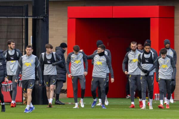 LIVERPOOL, ENGLAND - Monday, December 6, 2021: Liverpool's players walk out before a training session at the AXA Training Centre ahead of the UEFA Champions League Group B Matchday 6 game between AC Milan and Liverpool FC. (Pic by David Rawcliffe/Propaganda)