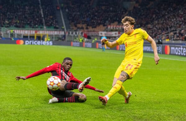 MILAN, ITALY - Tuesday, December 7, 2021: Liverpool's Kostas Tsimikas during the UEFA Champions League Group B Matchday 6 game between AC Milan and Liverpool FC at the Stadio San Siro. (Pic by David Rawcliffe/Propaganda)