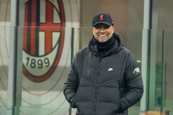 MILAN, ITALY - Tuesday, December 7, 2021: Liverpool's manager Jürgen Klopp during the UEFA Champions League Group B Matchday 6 game between AC Milan and Liverpool FC at the Stadio San Siro. (Pic by David Rawcliffe/Propaganda)