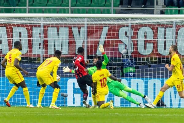 MILAN, ITALY - Tuesday, December 7, 2021: AC Milan's Fikayo Tomori scores the first goal past Liverpool's goalkeeper Alisson Becker during the UEFA Champions League Group B Matchday 6 game between AC Milan and Liverpool FC at the Stadio San Siro. (Pic by David Rawcliffe/Propaganda)