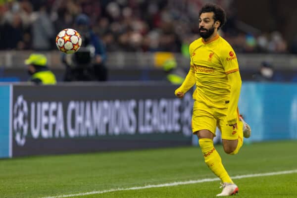 MILAN, ITALY - Tuesday, December 7, 2021: Liverpool's Mohamed Salah during the UEFA Champions League Group B Matchday 6 game between AC Milan and Liverpool FC at the Stadio San Siro. (Pic by David Rawcliffe/Propaganda)