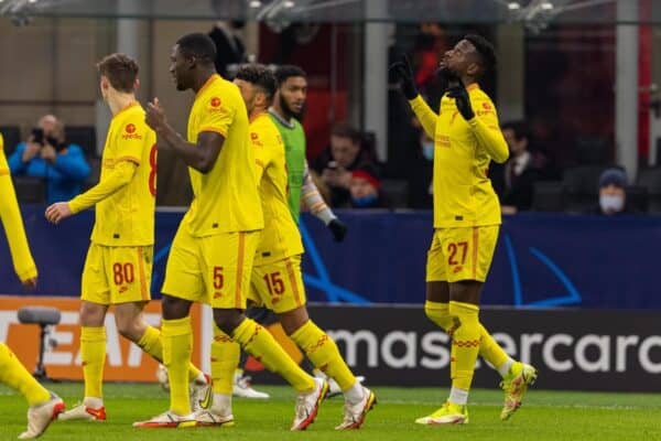 MILAN, ITALY - Tuesday, December 7, 2021: Liverpool's Divock Origi (R) celebrates after scoring the second goal during the UEFA Champions League Group B Matchday 6 game between AC Milan and Liverpool FC at the Stadio San Siro. (Pic by David Rawcliffe/Propaganda)