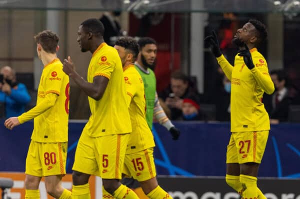 MILAN, ITALY - Tuesday, December 7, 2021: Liverpool's Divock Origi (R) celebrates after scoring the second goal during the UEFA Champions League Group B Matchday 6 game between AC Milan and Liverpool FC at the Stadio San Siro. (Pic by David Rawcliffe/Propaganda)